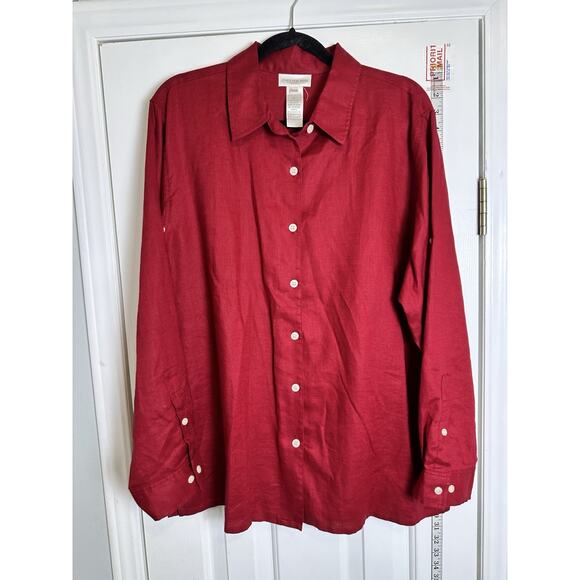 Jones New York Top Womens Red Linen Button Up Long Sleeve Blouse Roll Tab XL - Picture 1 of 6